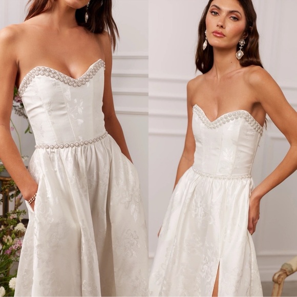 NEW NWT V. Chapman Lucia Strapless Pearl-Embellished A Line Midi Dress White - Picture 4 of 12